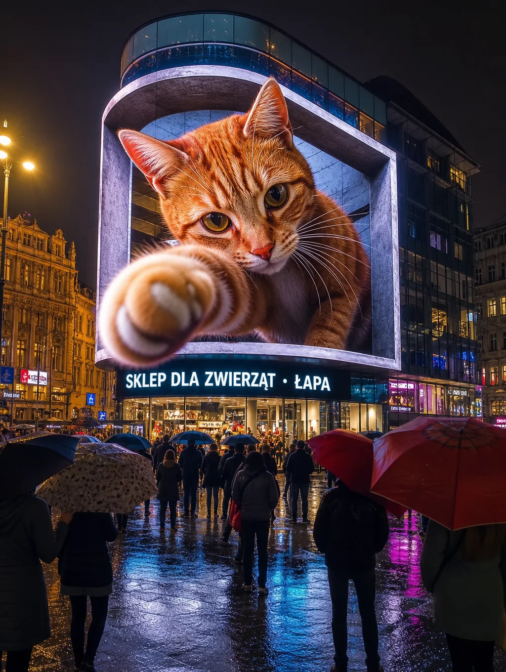Anamorficzny billboard 3D z kotem wyskakującym z ekranu — GPT Image 2