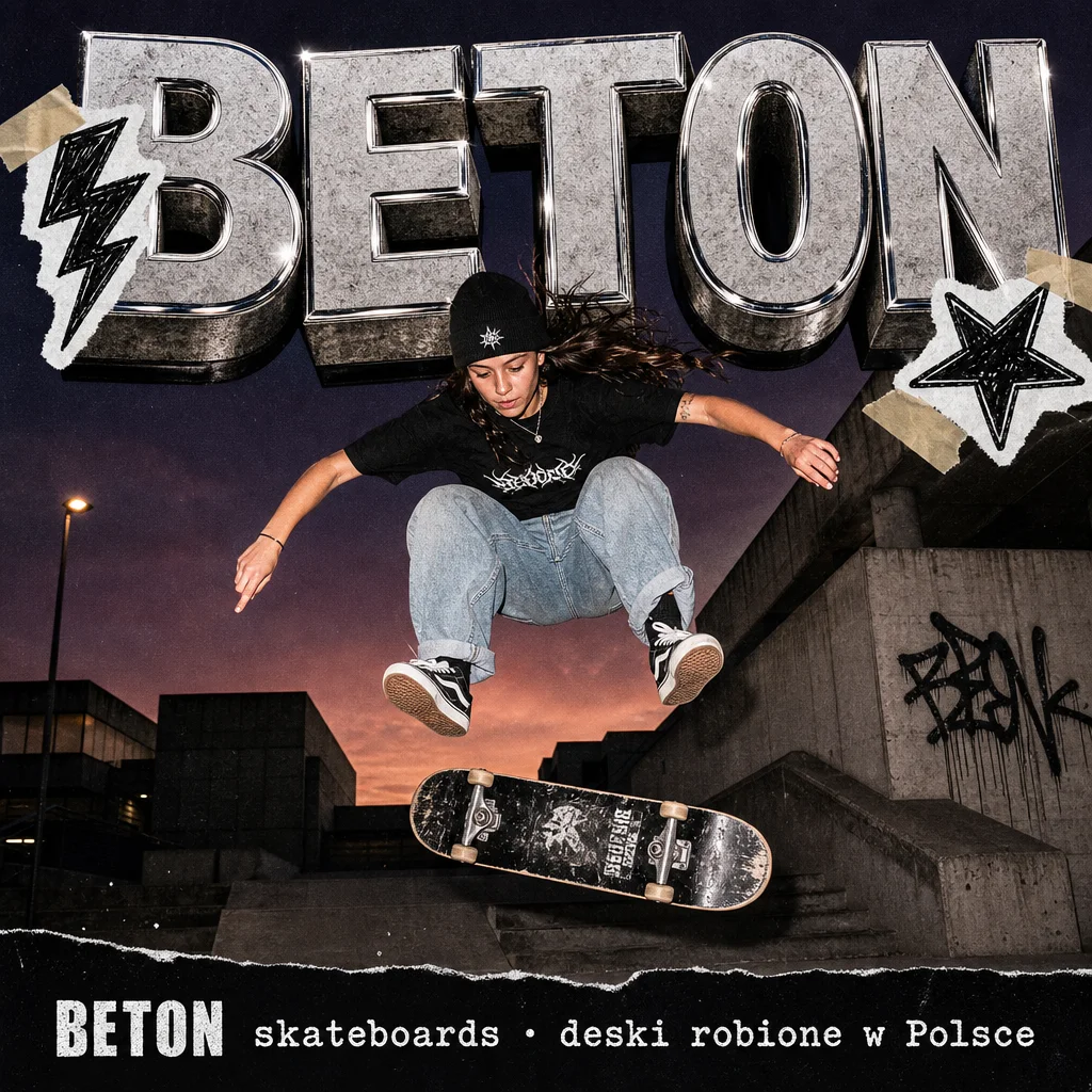 Plakat marki skate BETON z deskorolkarką — GPT Image 2