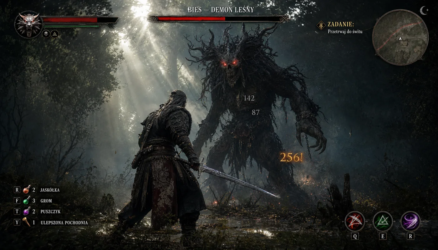 Screenshot gry AAA BIES — DEMON LEŚNY ze słowiańskim łowcą — GPT Image 2