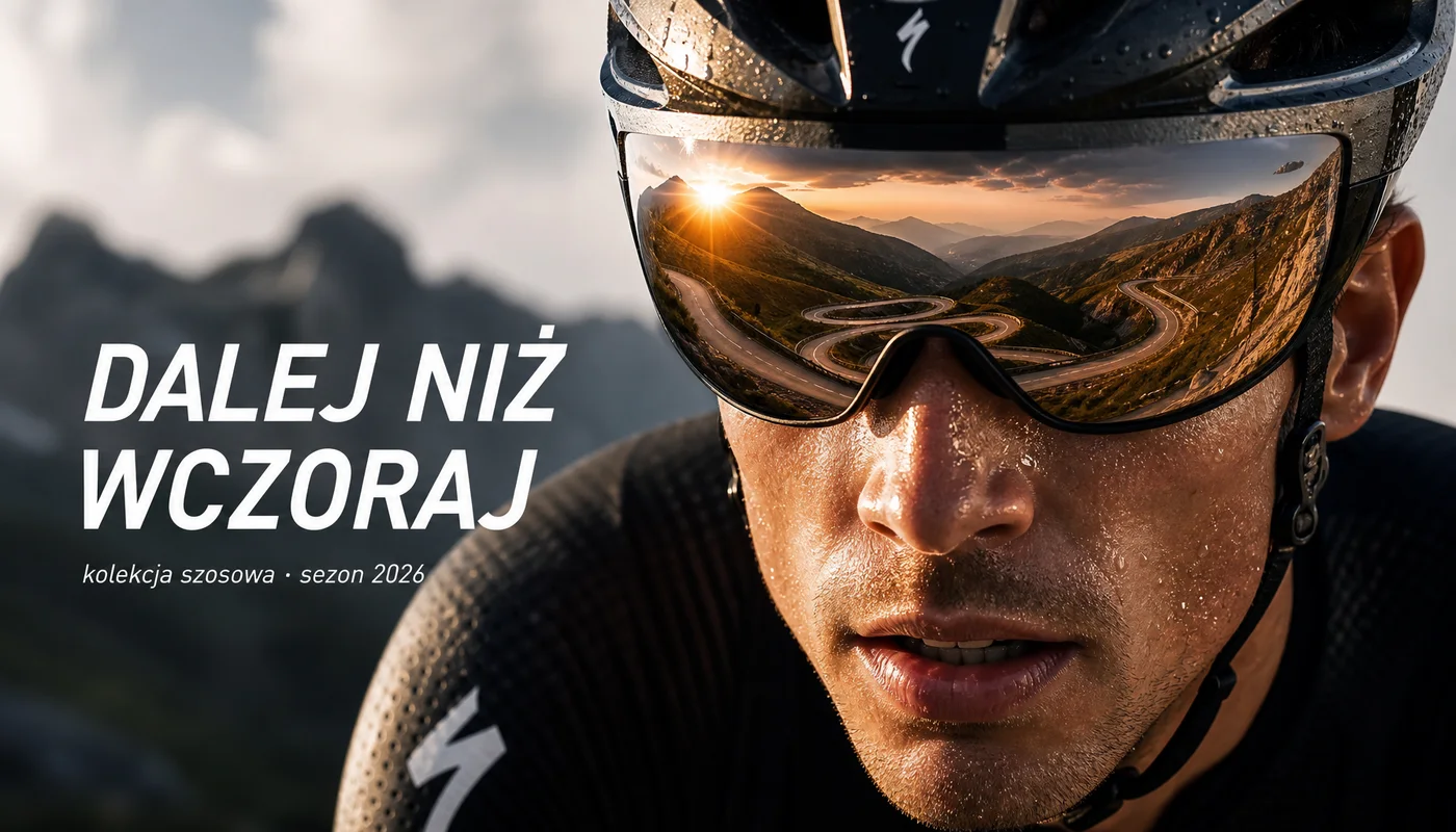 Kampania sportowa DALEJ NIŻ WCZORAJ — kolarz z odbiciem serpentyn w wizjerze — GPT Image 2