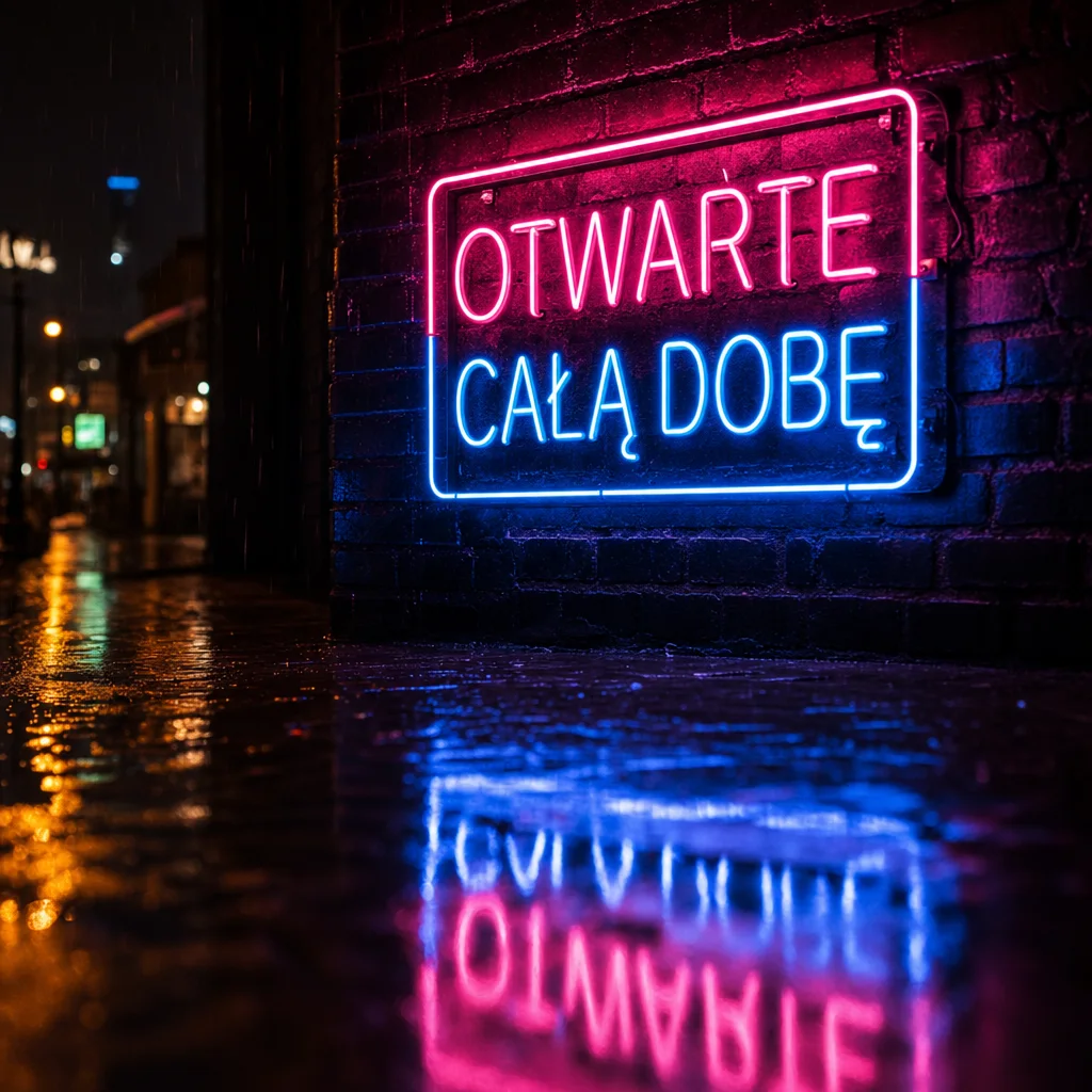 Neon OTWARTE CAŁĄ DOBĘ wygenerowany przez GPT Image 2