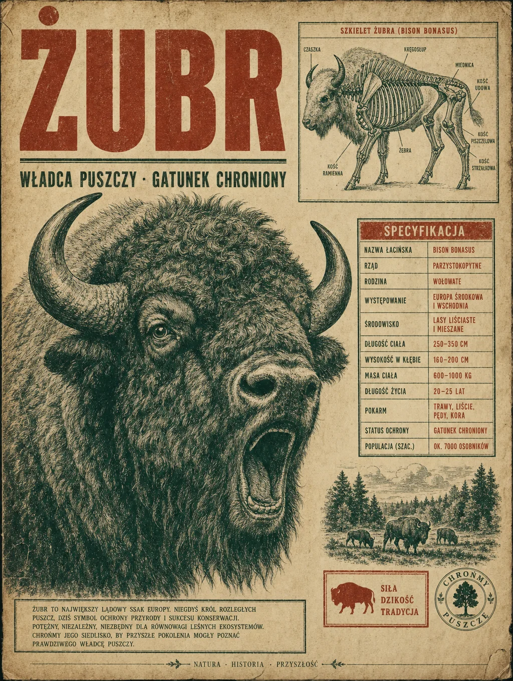 Plakat vintage ŻUBR WŁADCA PUSZCZY z diagramem anatomicznym — GPT Image 2