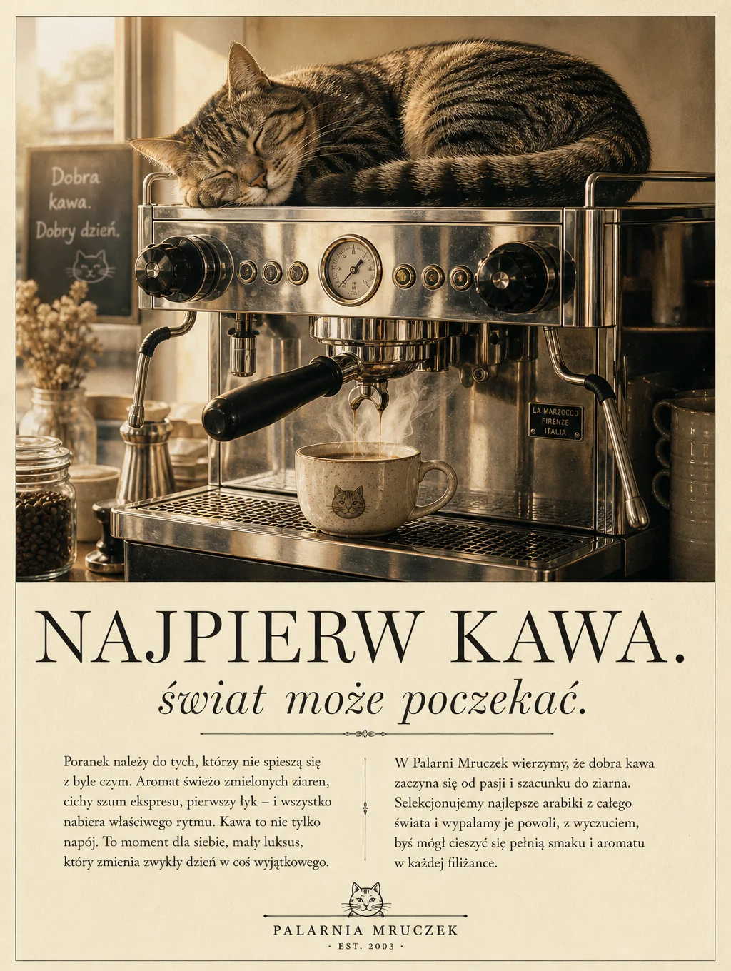 Vintage reklama NAJPIERW KAWA z kotem na ekspresie — GPT Image 2