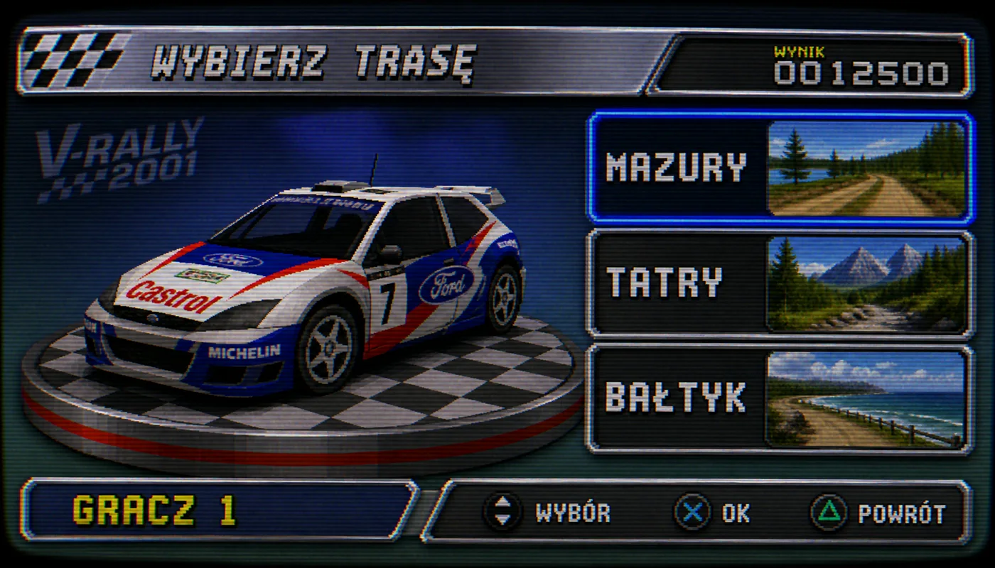 Menu retro gry wyścigowej WYBIERZ TRASĘ Mazury Tatry Bałtyk — GPT Image 2