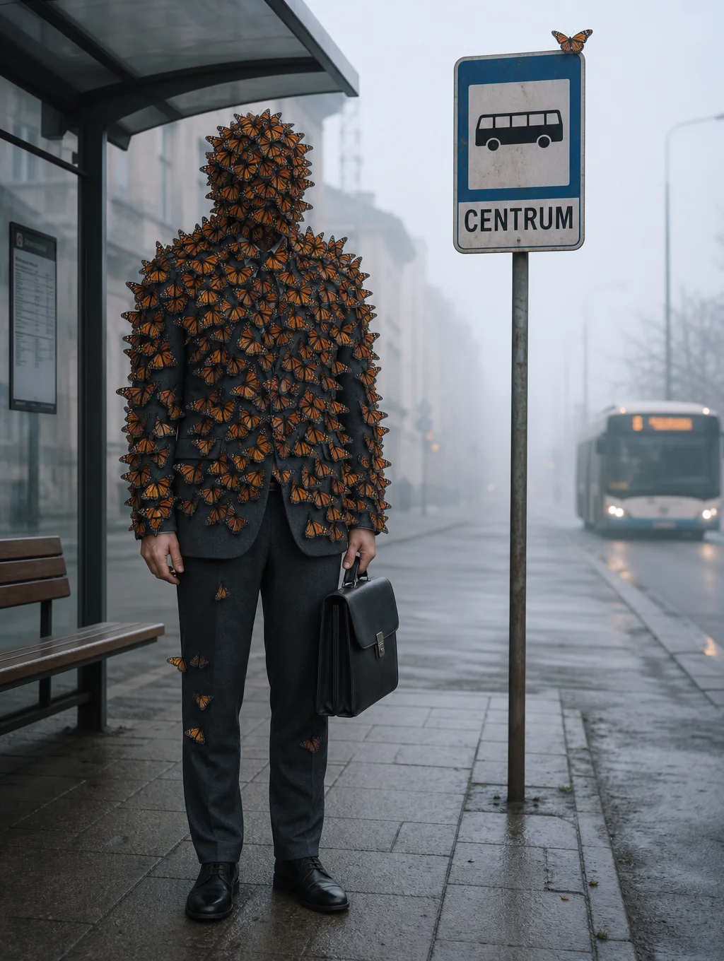 Surrealny editorial — mężczyzna w motylach na przystanku CENTRUM — GPT Image 2