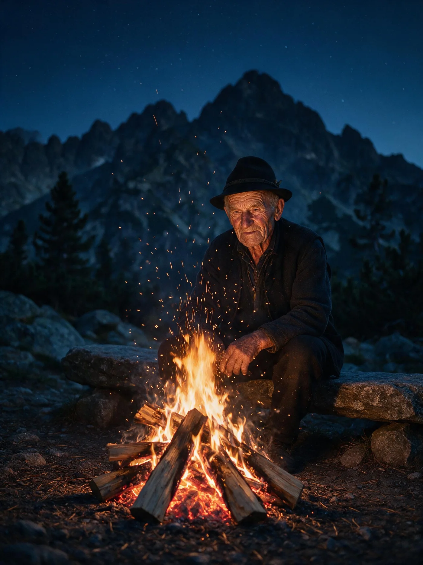 Portret górala przy ognisku nocą — Seedream 5.0 Pro