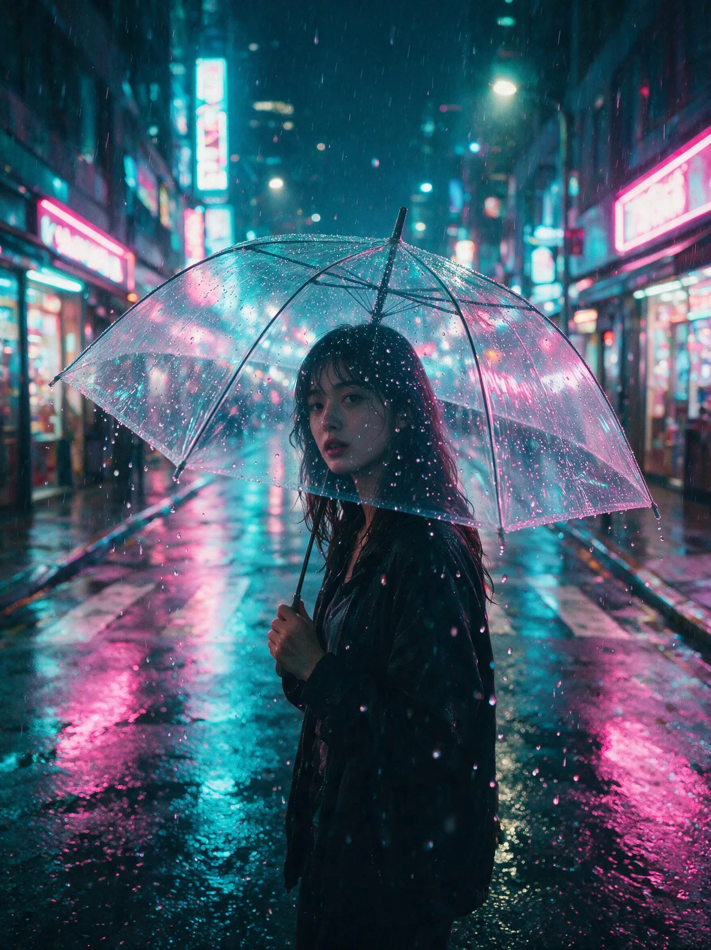 Kobieta pod parasolem w neonowym deszczu — Seedream 5.0 Pro