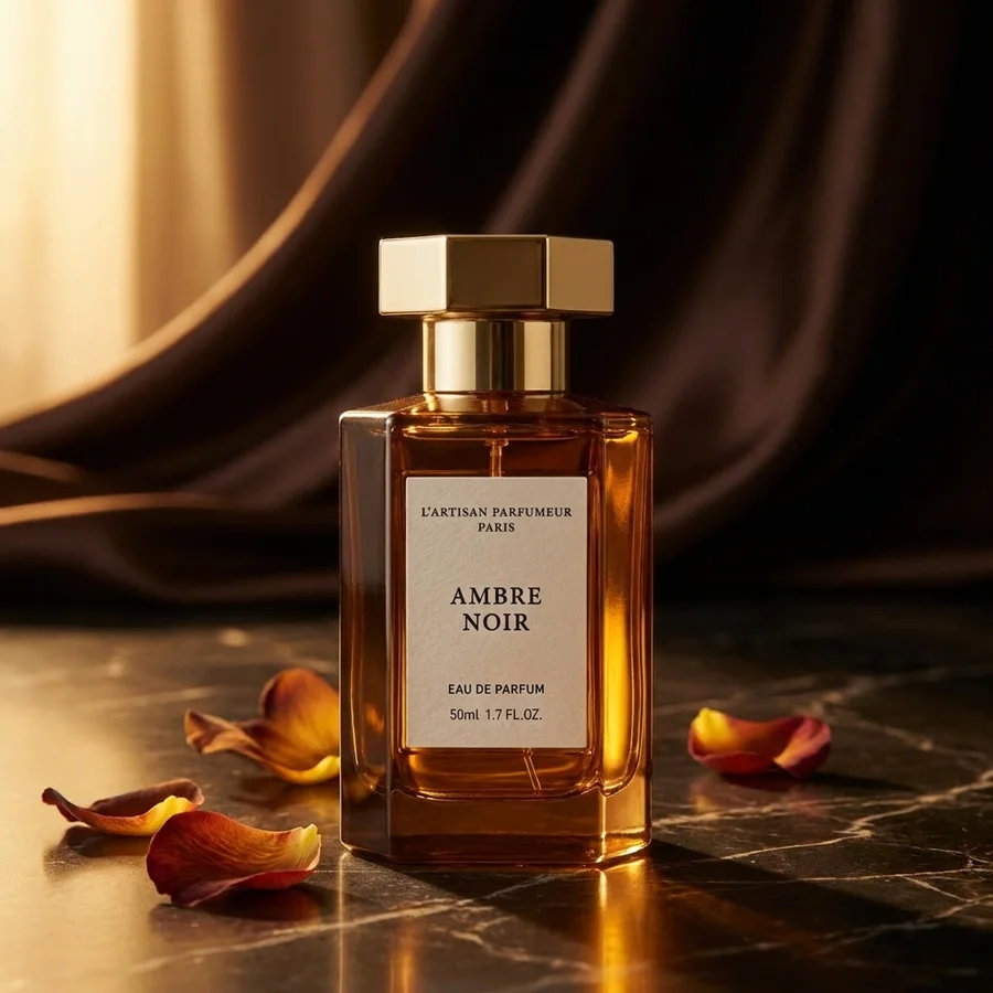 Zmiana tła AI — flakon perfum Ambre Noir w ciemnej scenerii z płatkami kwiatów
