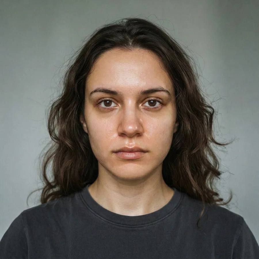 Retusz zdjęć AI — portret kobiety z gładką, wyretuszowaną cerą