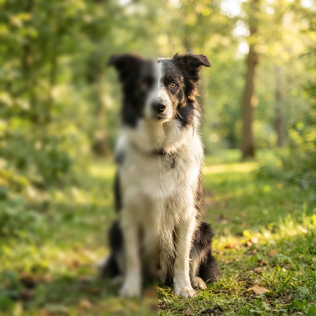 Usuwanie rozmycia AI — pies rasy border collie w parku po wyostrzeniu zdjęcia